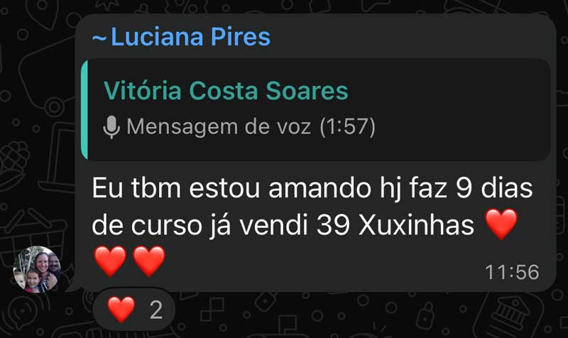 Eu tbm estou amando hj faz 9 dias de curso já vendi 39 Xuxinhas