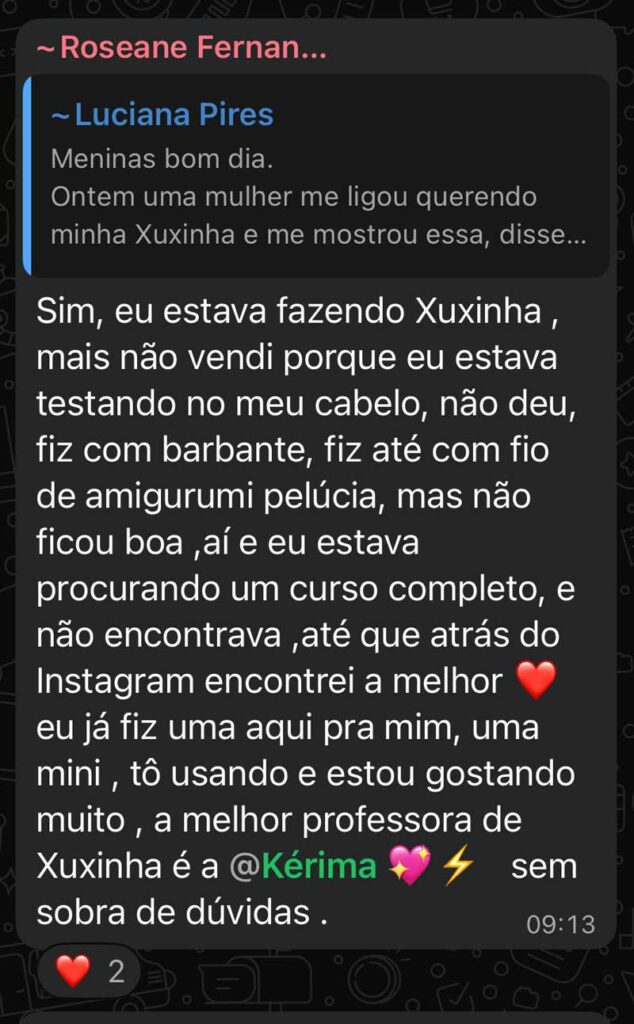 Sim, eu estava fazendo Xuxinha, mais não vendi porque eu estava testando no meu cabelo, não deu, fiz com barbante, fiz até com fio de amigurumi pelúcia, mas não ficou boa ,aí e eu estava procurando um curso completo, e não encontrava ,até que atrás do Instagram encontrei a melhor eu já fiz uma aqui pra mim, uma mini, tô usando e estou gostando muito, a melhor professora de Xuxinha é a @Kérima sem sobra de dúvidas.